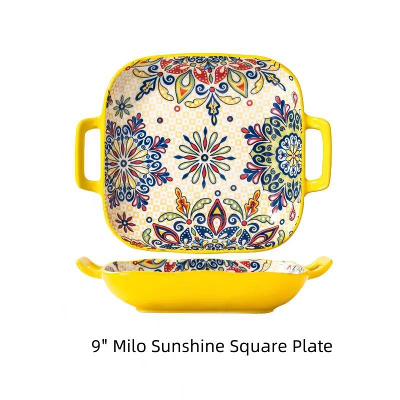 Hand-painted Bohemian Ceramic Baking Dish Square with Handles For Pasta and Desserts Suitable for Oven and Microwave.