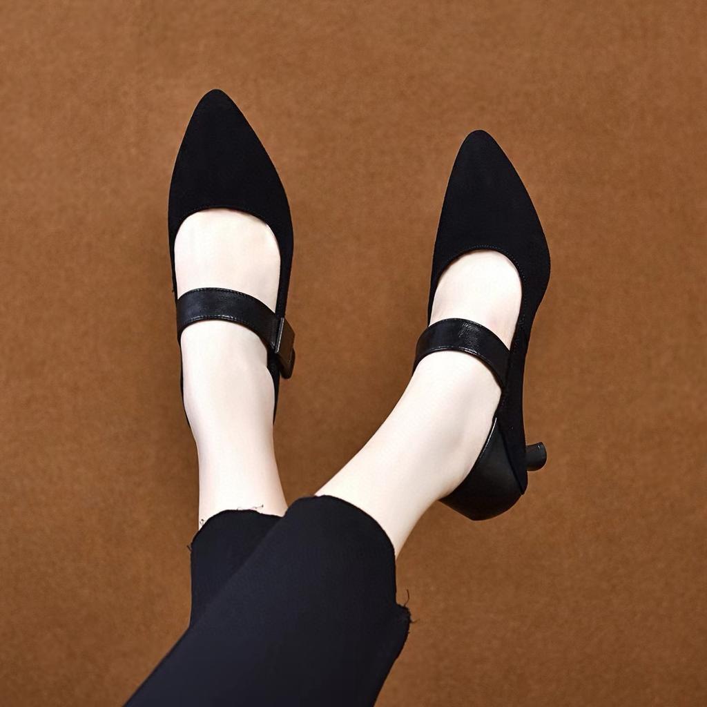 Pointed High Heels Women's 2025 Spring New European and American Style Simple Temperament Small Single Shoes One-word Buckle Shallow Mouth Fashion Sho