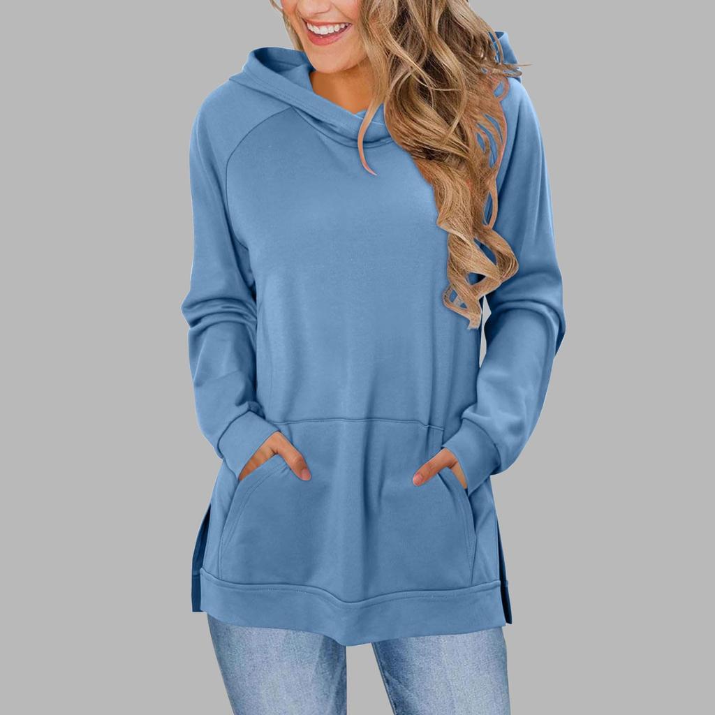 Women's Fashionable Solid Color Hoodie With Shoulder Wiping, Long Sleeved Pockets, Slit Hem, Hoodie Top