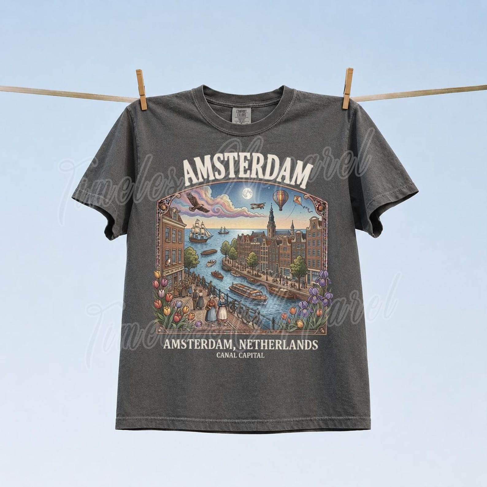 Amsterdam Canal Capital T-Shirt: Netherlands Cityscape Graphic Tee 2XL