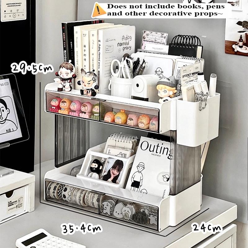 

Cute Desktop Storage Rack with Boxes 2 Layer Stationery Organizer Desk Shelves Stand Figurines Office Table Storage Rack Shelves білий