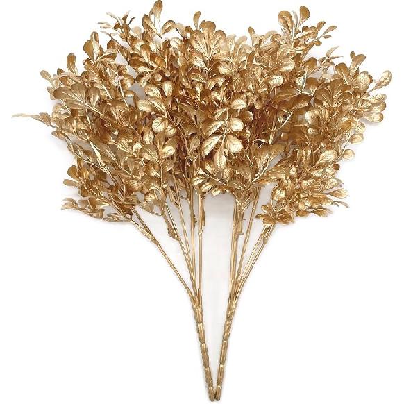 PASYOU Fake Leaves Plants for Christmas Decor, Gold Artificial Shrubs Grass Foliage Plastic Bulk Leaf Indoor Outdoor Home Garden Party Hotel Verandah