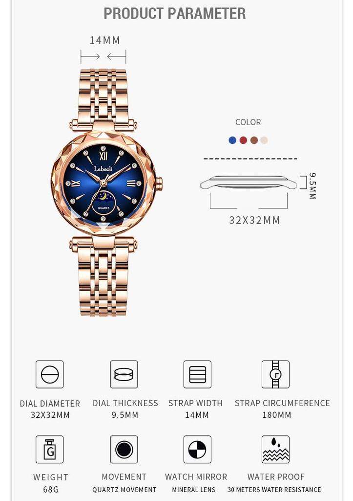 Rose Gold Watch with Brand Stainless Gift for Blue Women's Crystals, Stylish, Waterproof, Name, Business, Steel, Luxury, Cute, Her,