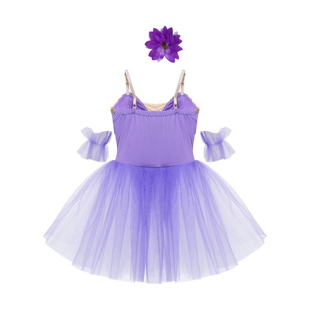 Girls Ballet Dance Dress, Sleeveless Tutu with Spaghetti Straps, Rhinestone & Lace Decor, Mesh Skirt + Headdress & Ruffle Band