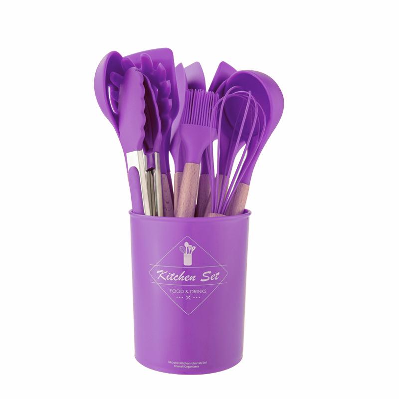 Conjunto Utensílios de Cozinha de Silicone Colorido de 11 Peças com Cabos de Madeira