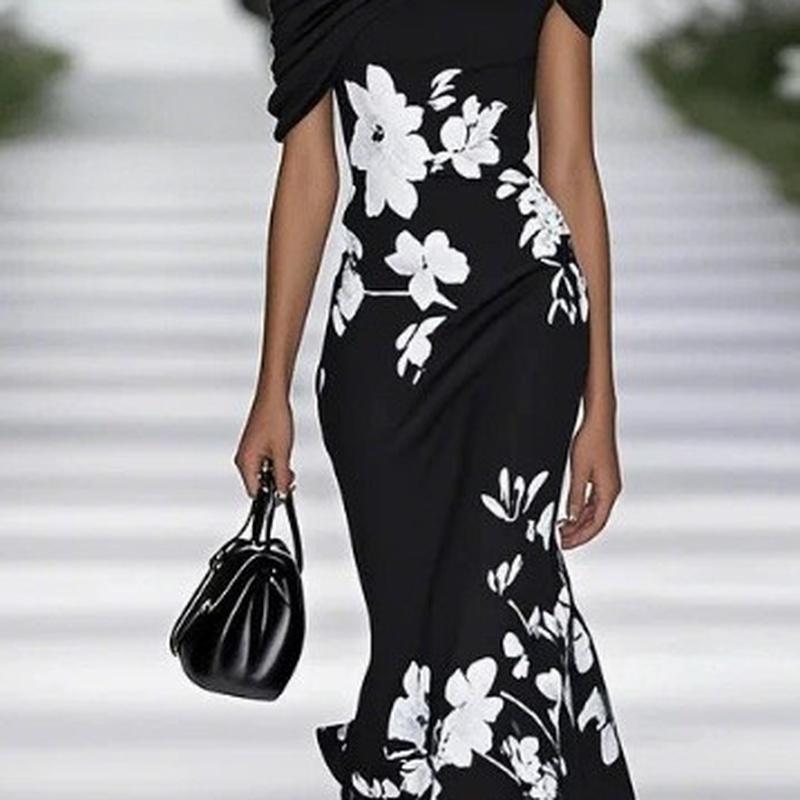 Women's Off Shoulder Floral Print Midi Dress Short Sleeve Slim Fit Elegant Dress