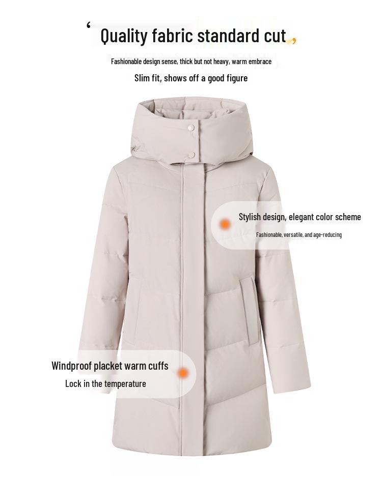 2025 Winter Hooded Mid-Length Down Jacket for Middle-Aged & Elderly Women - Fashionable, Cold-Proof White Duck Down Mom Coat