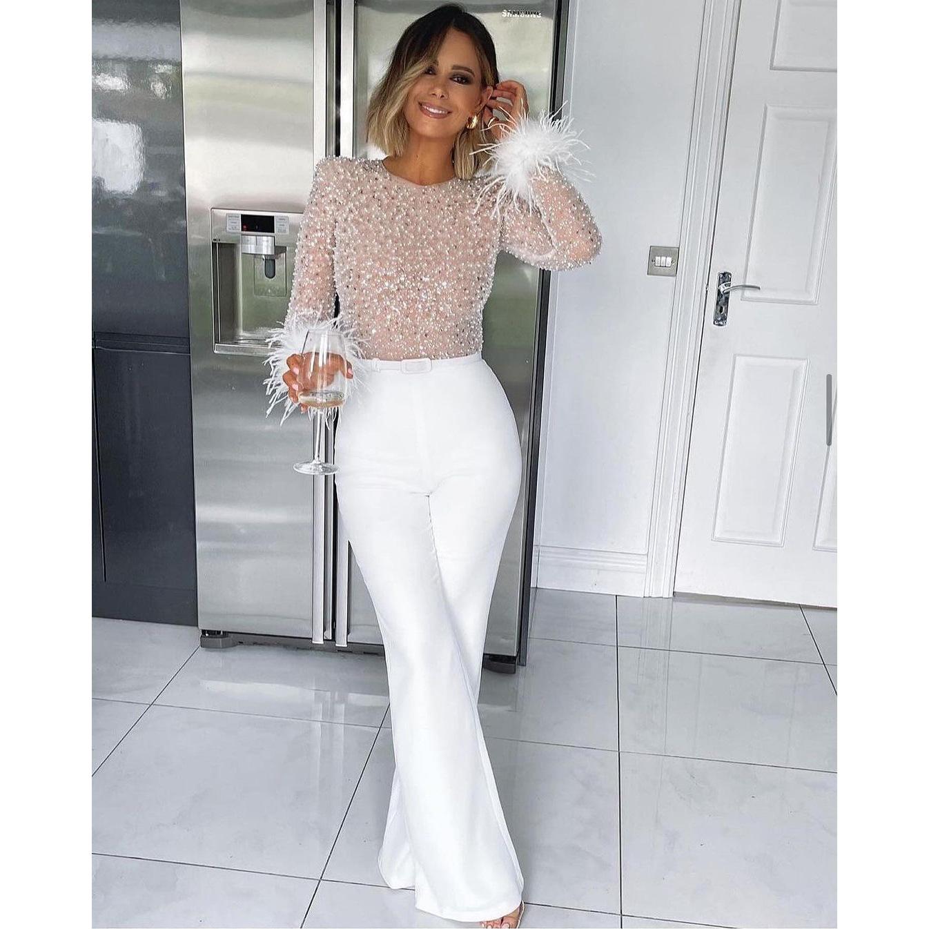 

Женский повседневный комбинезон с длинным рукавом и отделкой перьями - Европейская и американская мода