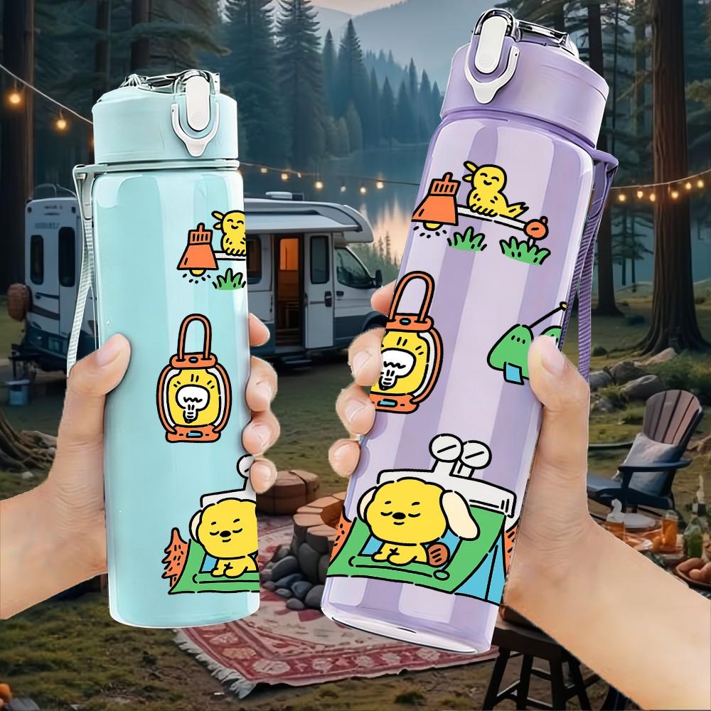 1PC Tool Kit Cute Doodle Print 750ml Color Plastic Sports Water Bottle Leakproof Flip Straw Lid Suitable for Sports Office Home Use