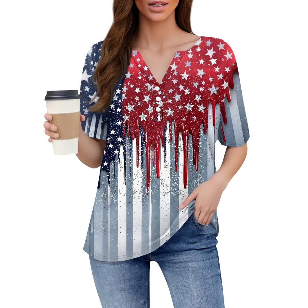 Damen-T-Shirt mit Aufdruck „Unabhängigkeitstag“ und Knopfleiste, kurzärmelig, für den Alltag und das Wochenende, modisch, Basic, V-Ausschnitt, normales Oberteil