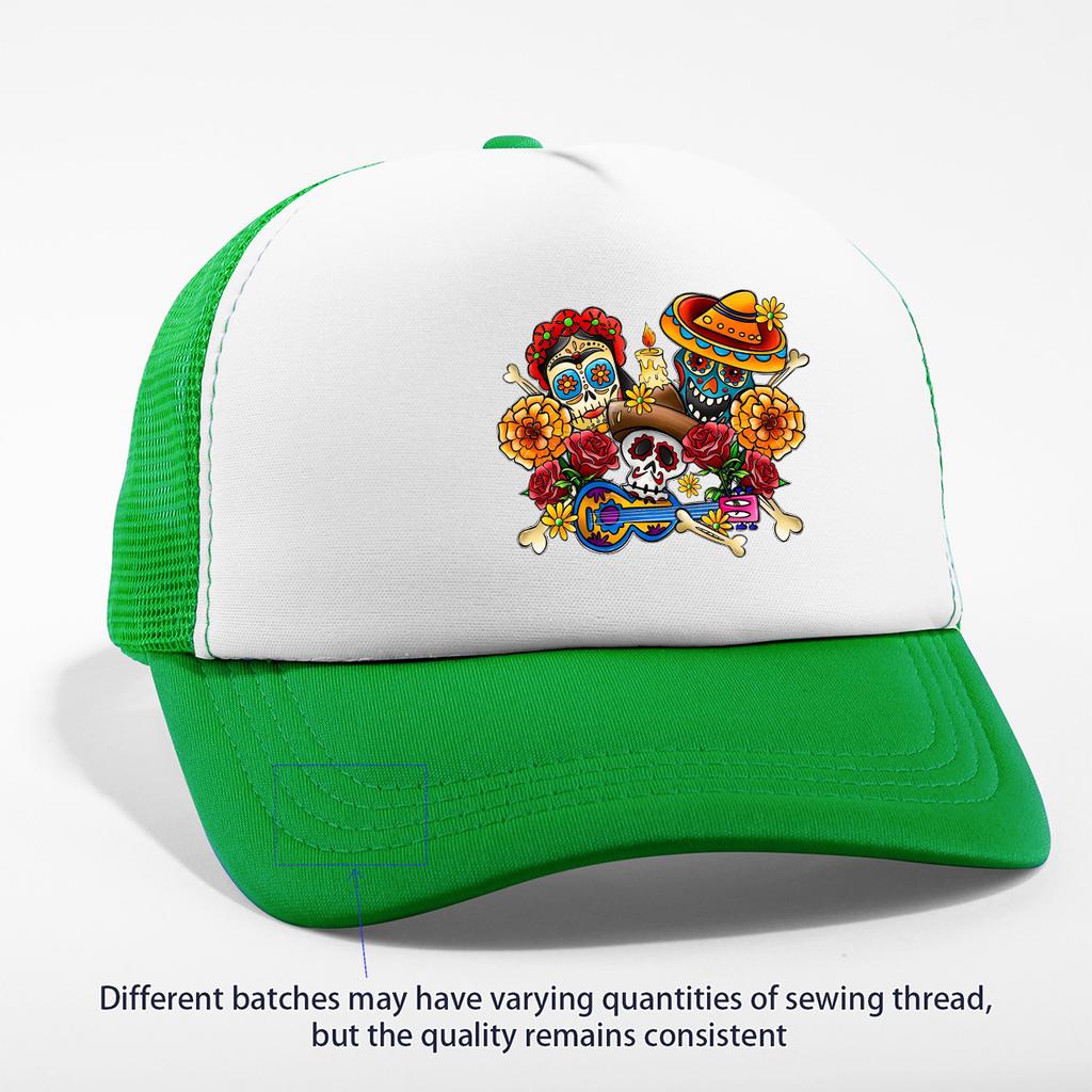 Day of the Dead Skull Print Trucker Hat Breathable Mesh Snapback Adjustable Baseball Cap Casual Pink
