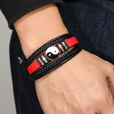 Chinese Tai Ji Charm Wrap Braclets Hiphop Punk Leather Braided Bracelet Bangle for Men Layered Wristband Mens Lucky Hand