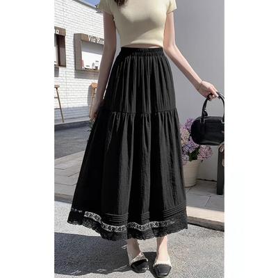 Summer Women High Waist Lace Trim Tiered Black Maxi Skirt Casual