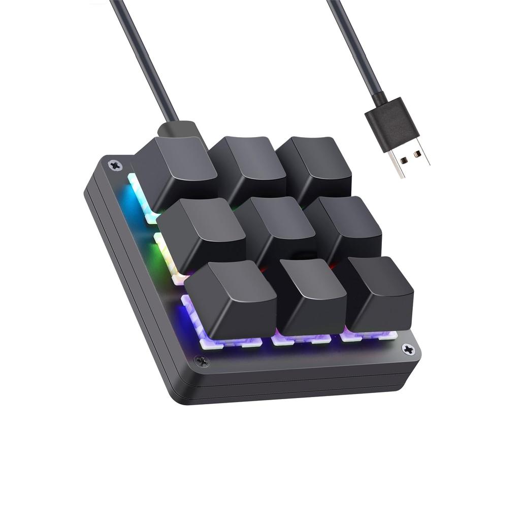 Koolertron Left-Handed Programmable Keyboard, 9-Key Macro Keyboard with Macro Function, Wired Connection, RGB Backlight, Red Switch, 4-Layer Layout,