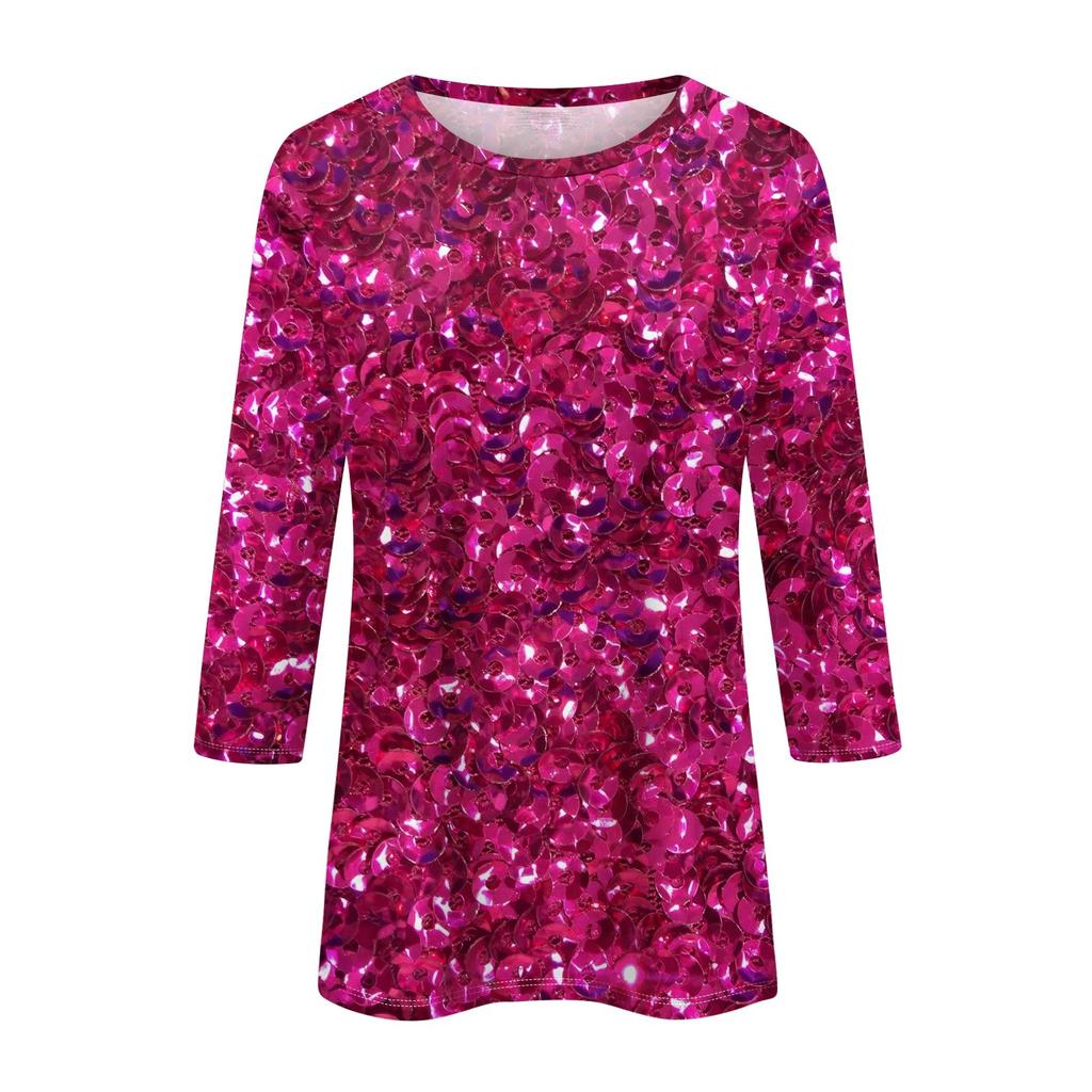 Women's Fashion Casual Three-quarter Sleeve Sequin Printed Round Neck Top