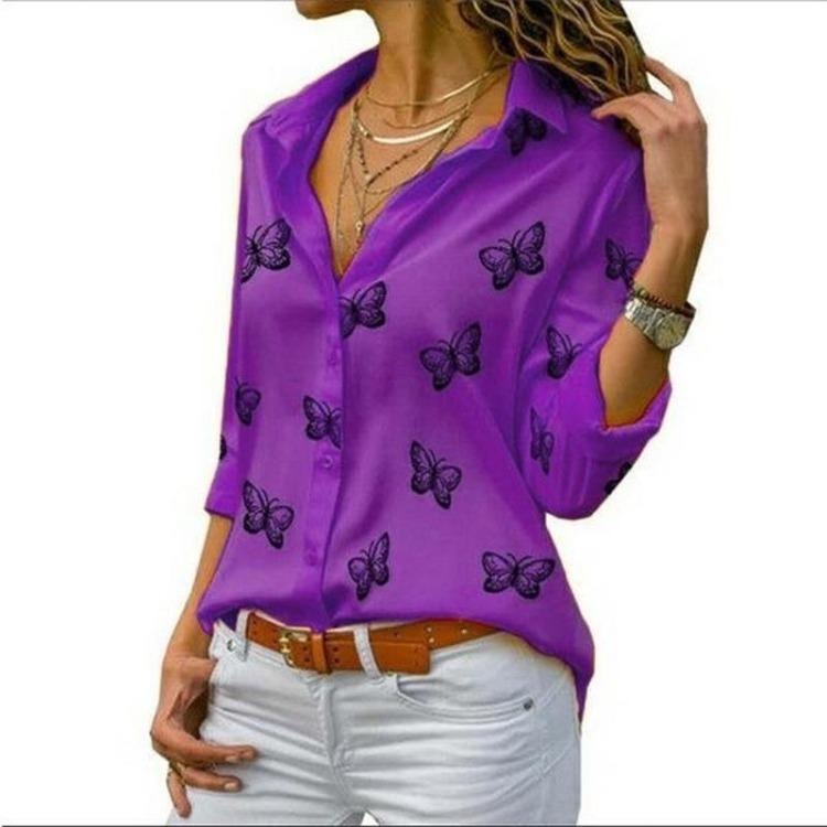 Solid Color Plus Size Women Butterfly Print Chiffon Blouse Long Sleeve Turn Down Collar Button Up Tops