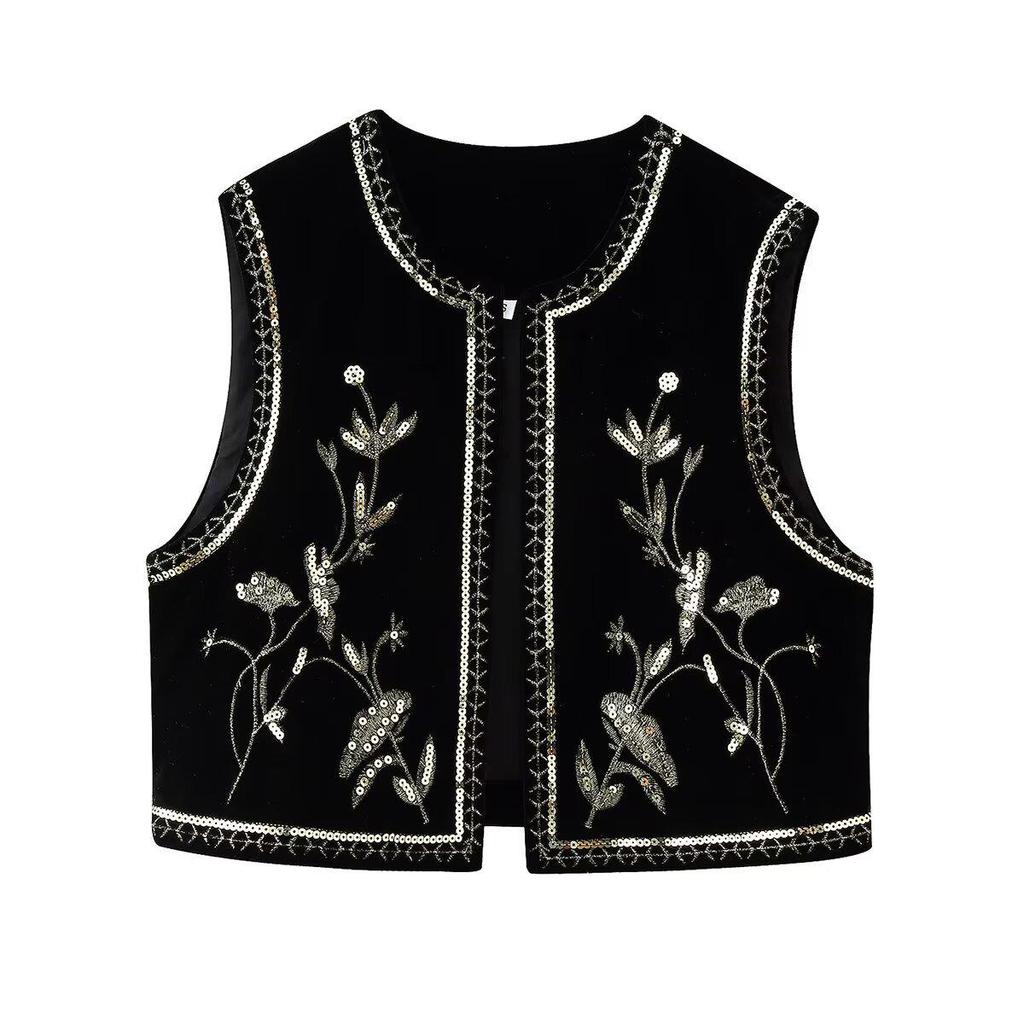 2024 Autumn Velvet Sequin Embroidered Sleeveless Open-front Women's Vest