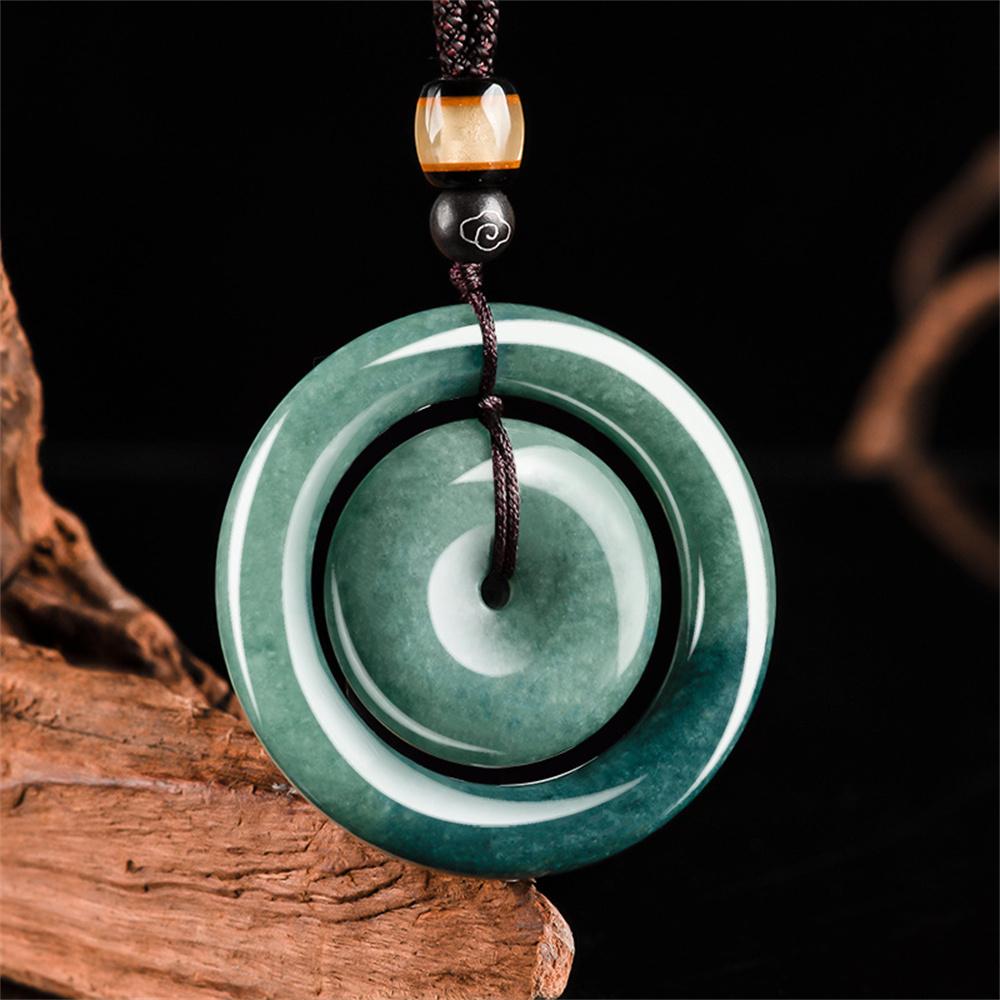 Natural Green Jadeite Carved Double Round Buckle Lucky Pendant Amulet Necklace Luxury Jade Vintage Trendy Jewelry