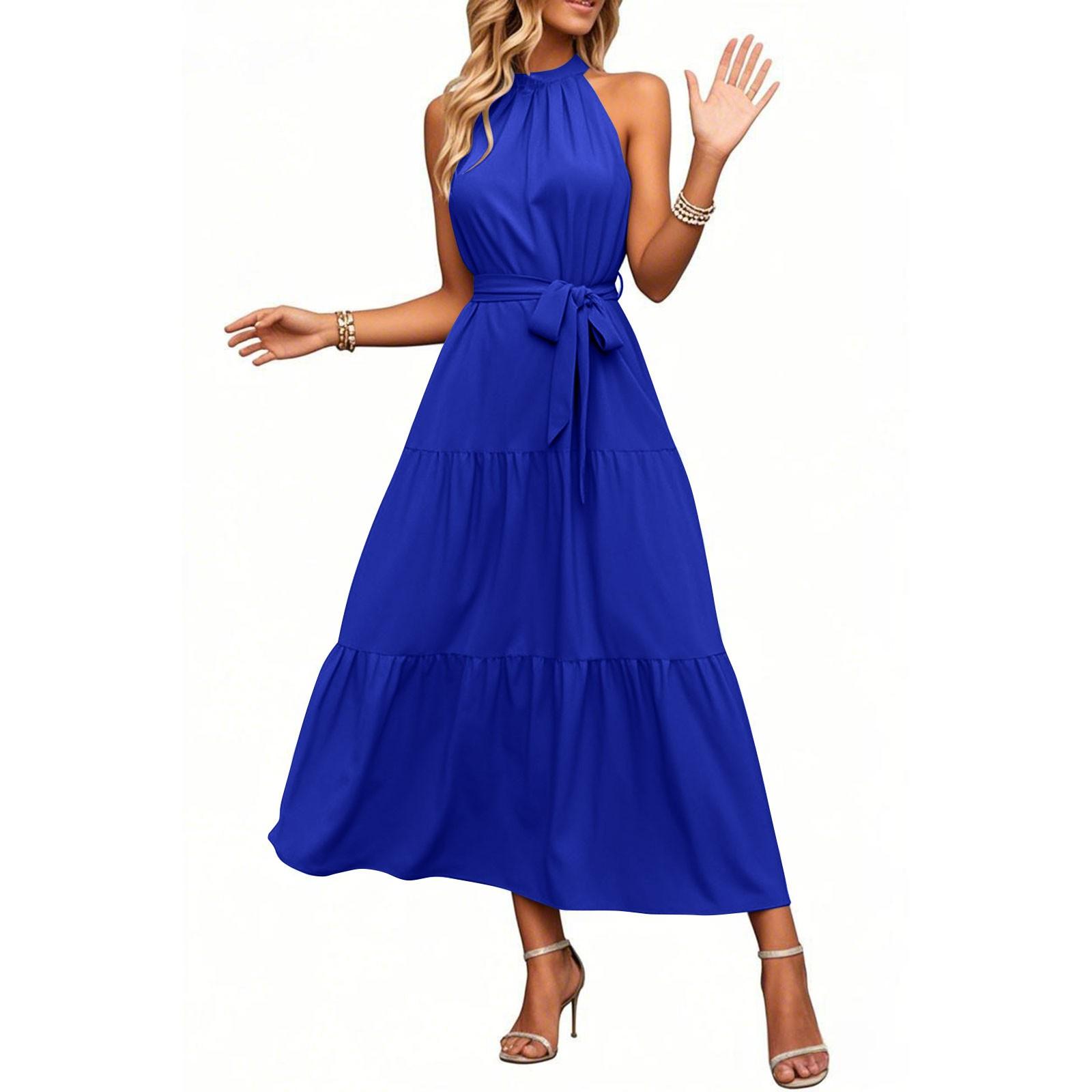 

Women s Sundress Sleeveless Flowy Hem Boho Skirt With Belt S синій