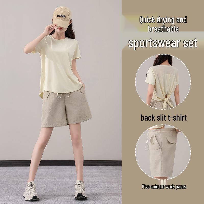 Women's Purple Two-Piece Set: Quick-Dry Ice Silk T-Shirt & Loose Five-Point Cargo Shorts