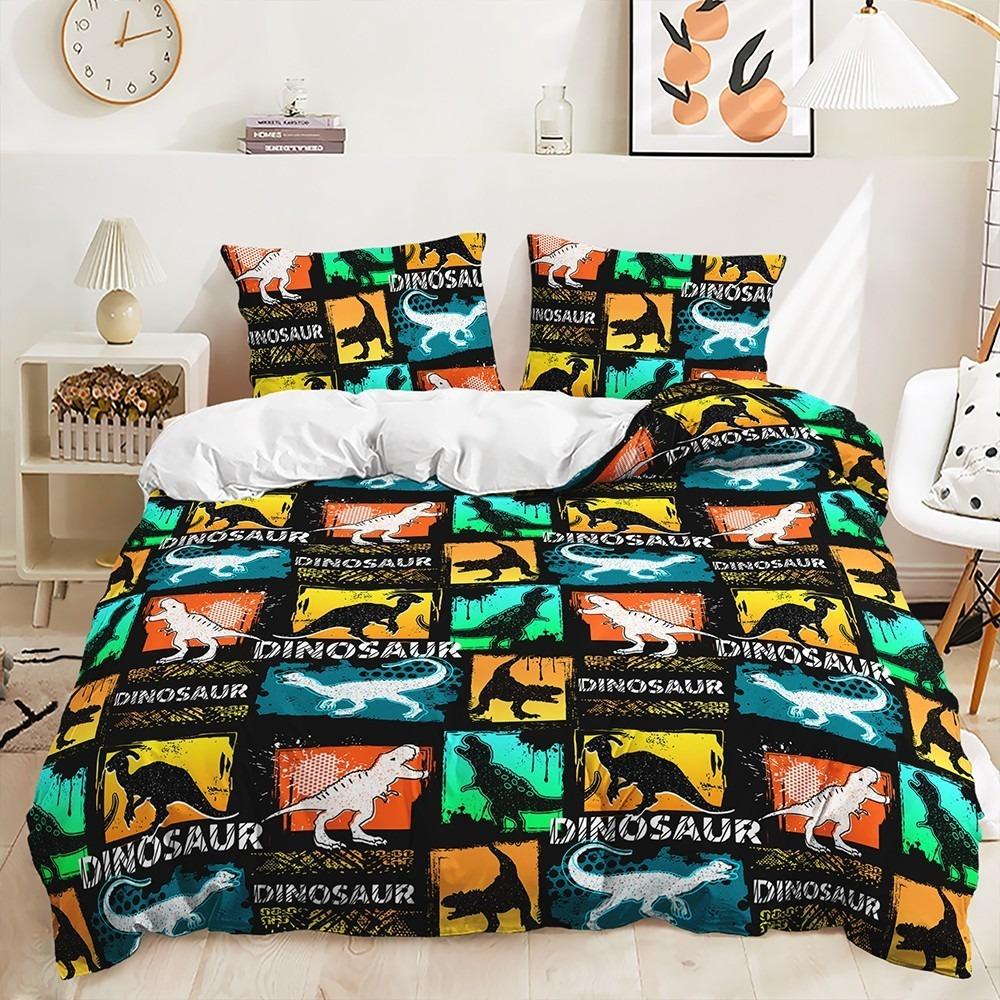 Cartoon Animal Bedding Set Children's Teen Duvet Cover Pillowcase with Dinosaur Pattern Boys Single Double King Queen, 2/3 Pieces