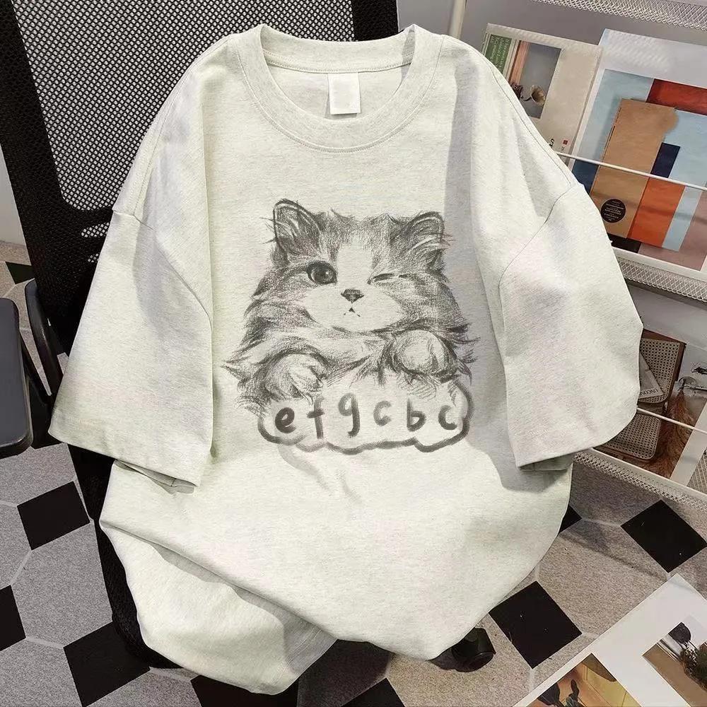 Cotton Cat Print Summer Short-sleeved T-shirt Women's Loose Casual and Thin Versatile Crew Neck Couple Heavy Ins