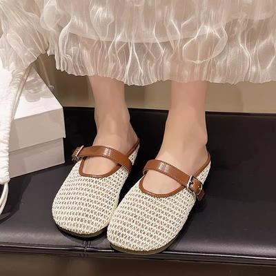 Baotou Scarpe Piatte Donna Estate Nuove Punta Tonda Rete Leggera Traspirante Blocco Colore Metallo Slip Morbide Pantofole Slip
