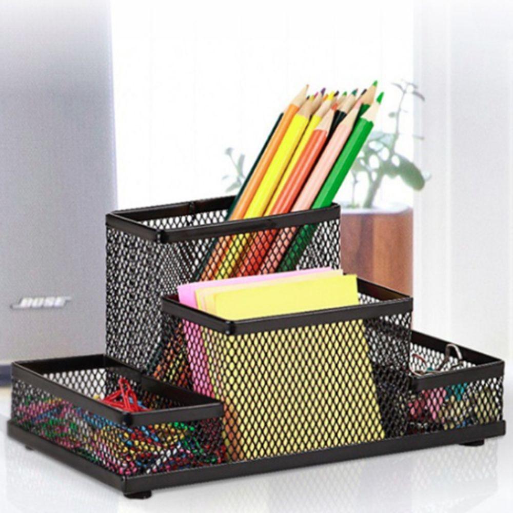 3/4 Grid Pen Holder Metal Desk Stationery Organizer School Supplies Pencil Storage Box Student