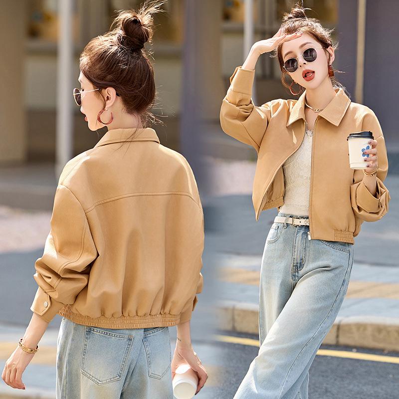 

Женская ретро куртка из ПУ кожи - Весна/Осень 2025, Короткий лацкан, Повседневный мотоциклетный стиль (WA2515) L (120-140kg) жёлтый