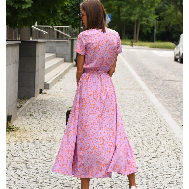 Summer Short Sleeve Vintage Print Sexy Women Dresses Casual Elegant Slim Fit V Neck Floral Long Dress Women High Waist Lace-up Party Club Dress 26101