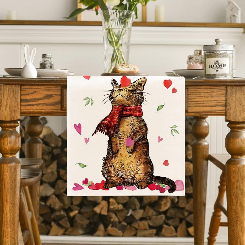 Valentine's Day Table Flag Cat Branch Heart Pattern Table Decoration Indoor Outdoor Home Party Decoration