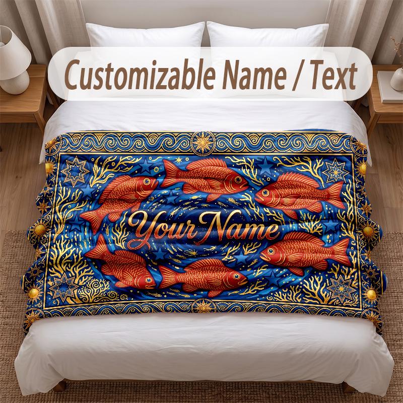 Fish Ocean Theme Soft Blanket Personalized Custom Name Text Print Warm Blanket Home Sofa Bedroom Decor