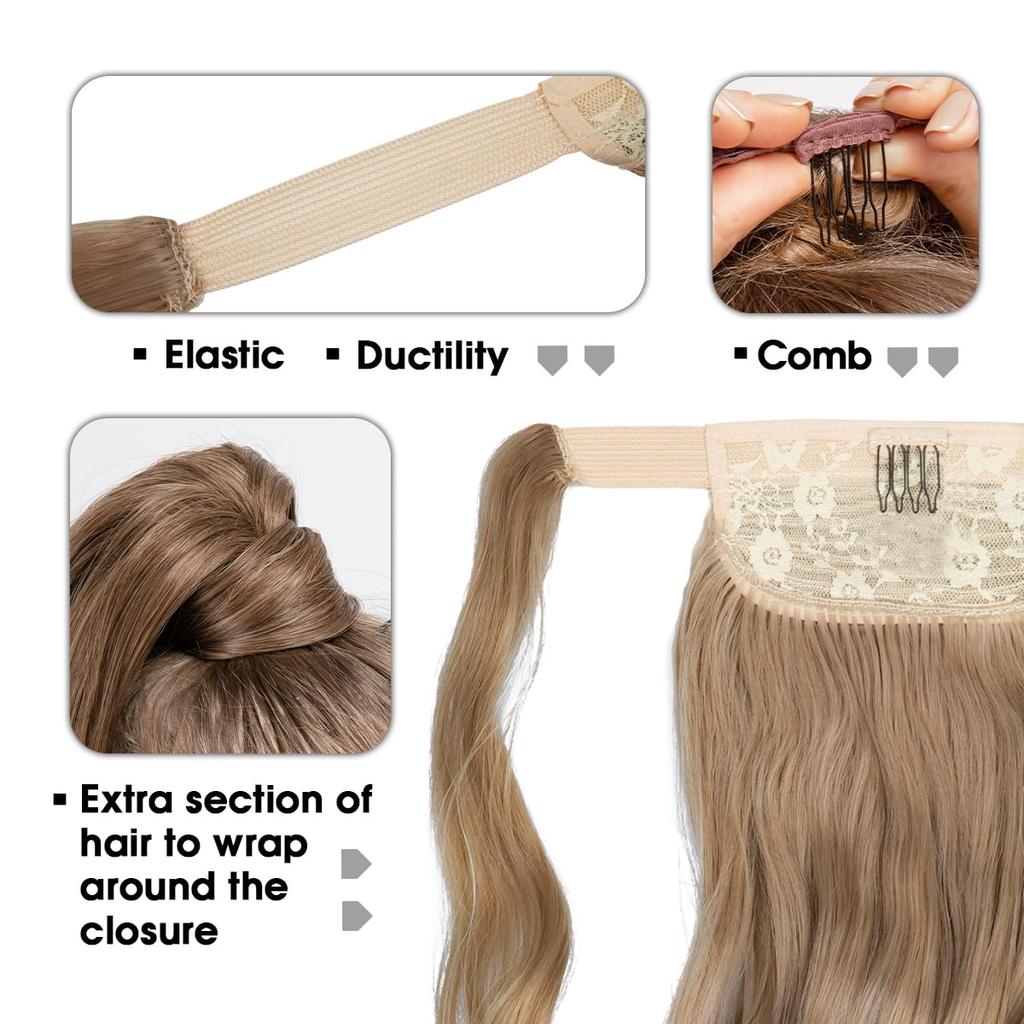 22" Long Ponytail Hair Extension Wrap Around Pony Tail Clip in Curly Wavy Synthetic Fake Hairpiece for Women Daily Life