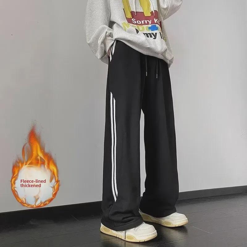 Men's Gray Casual Straight-Leg Sweatpants - Autumn/Winter Trendy Loose Fit with Drape and Plush Lining