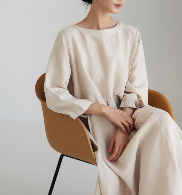 Plus Size Women Loose Cotton Linen Dress Oversized Round Neck Long Dress Elegant Casual Robe Spring Summer Autumn Dresses