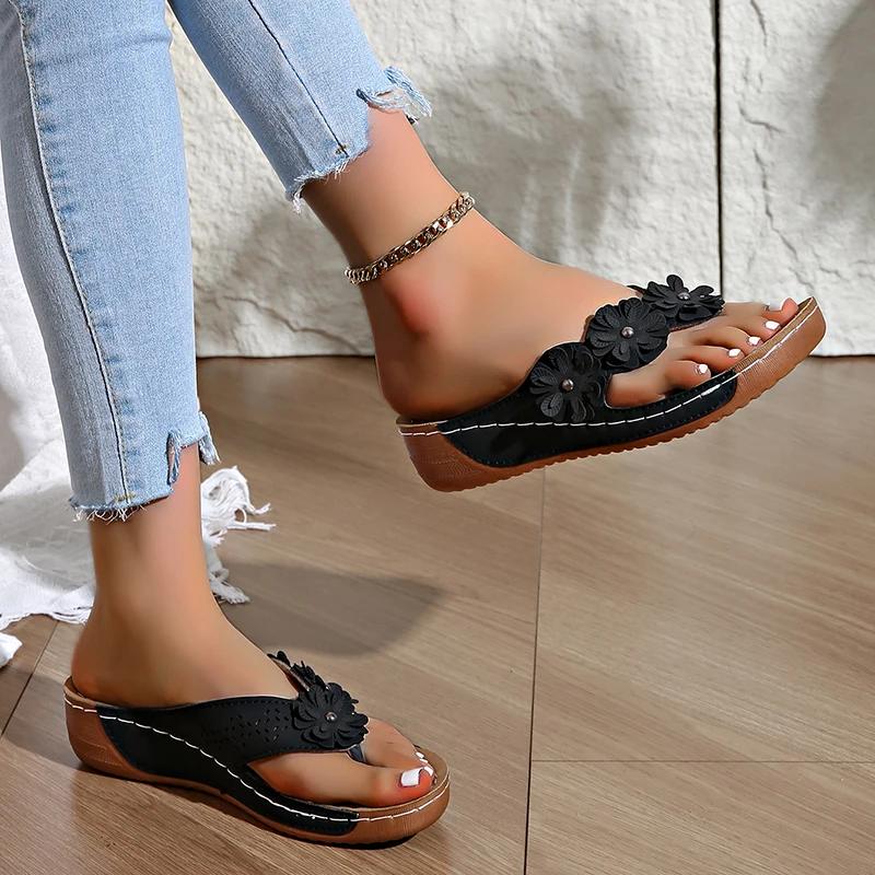 Fashion Fashion Flower Decor Wedges Slippers Women Summer Comfort Non Slip Beach Flip Flops Woman Thick Platform Clip Toe Thong Sandals