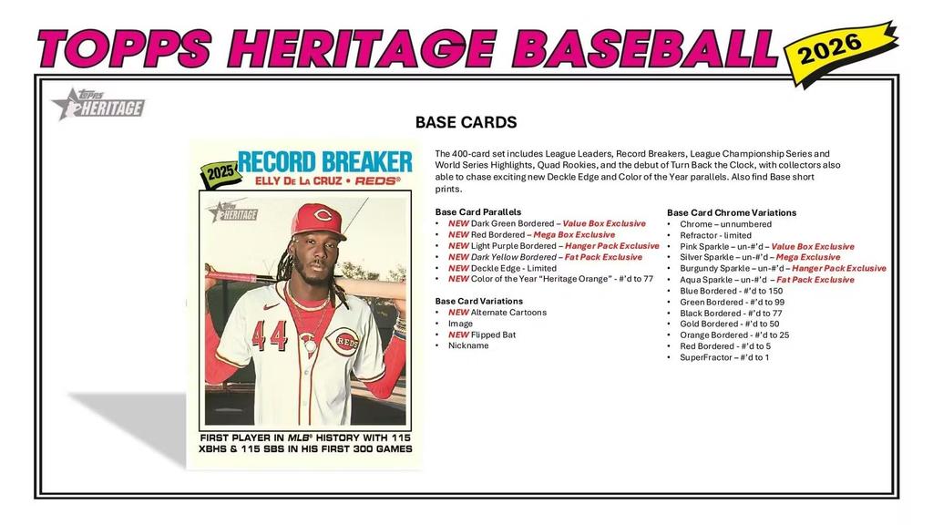 2026 Topps Heritage Baseball Series Value Blaster exclusive dark green and pink sparkle parallel cards and a chance to get artifacts and 64-card Box