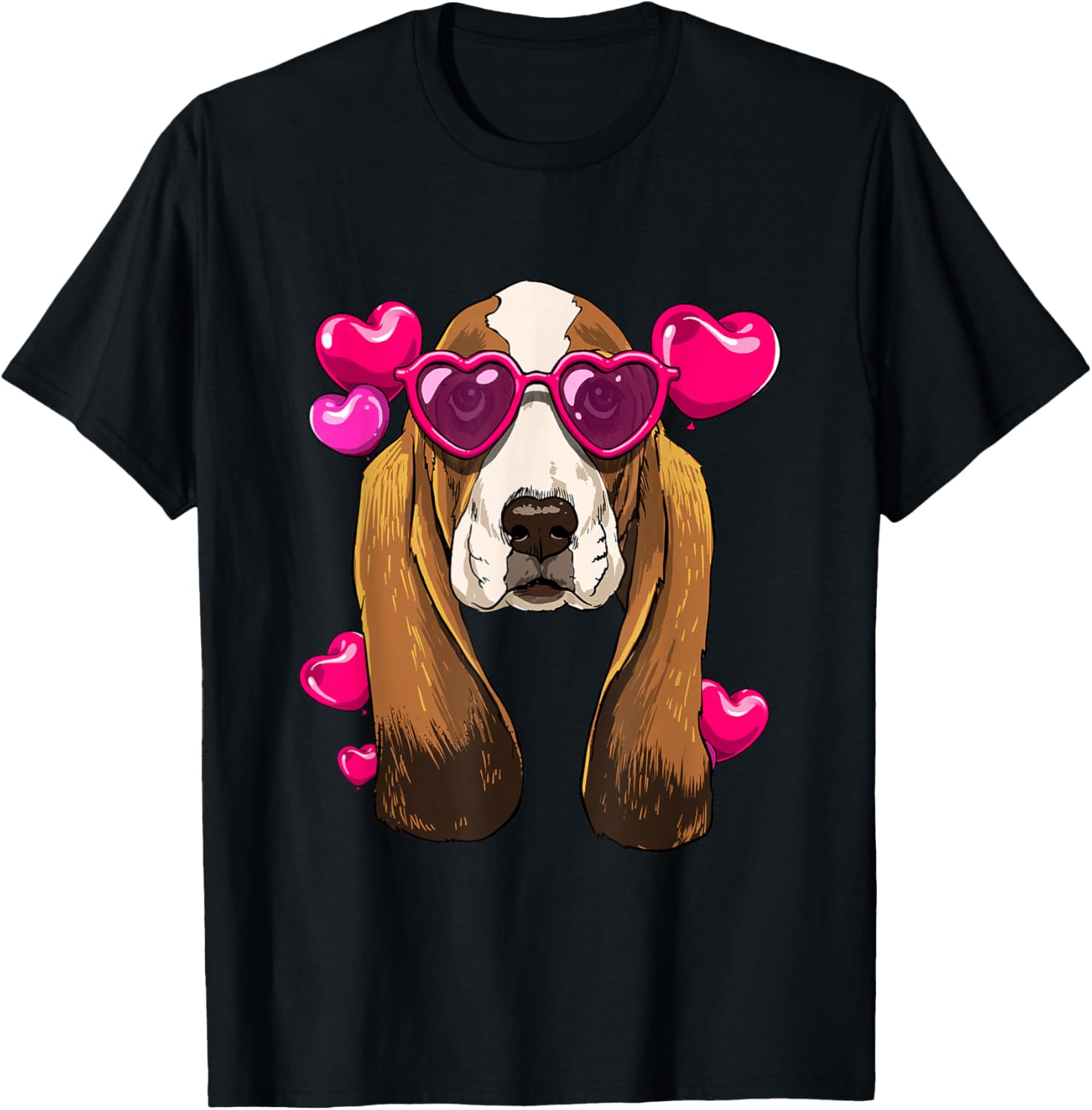 

Basset Hound Valentine Heart Glasses Dog Lover Graphic T-Shirt Casual Cotton Crewneck Tee 4XL
