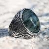 Aquatic Agate Stone Men's Fashion Jewelry Punk Hip Hop Silver Carved Ring