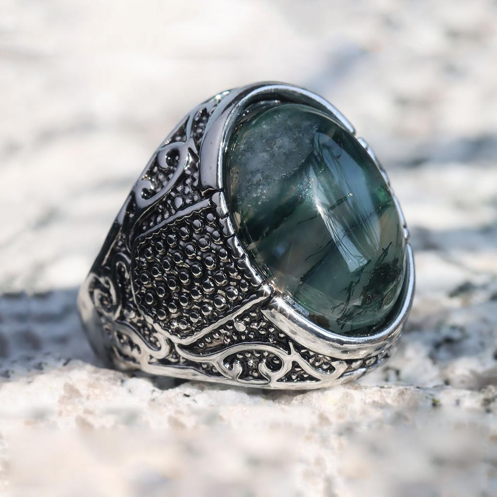 Aquatic Agate Stone Men's Fashion Jewelry Punk Hip Hop Silver Carved Ring