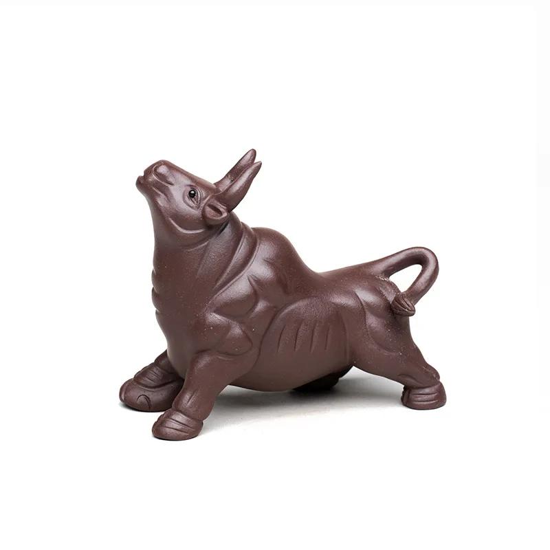 Yixing Purple Clay Tea Pet Decor Chinese Zodiac Lucky Cattle Figurine Desktop Ornaments Handmade Sculpture Tea Set Decoration