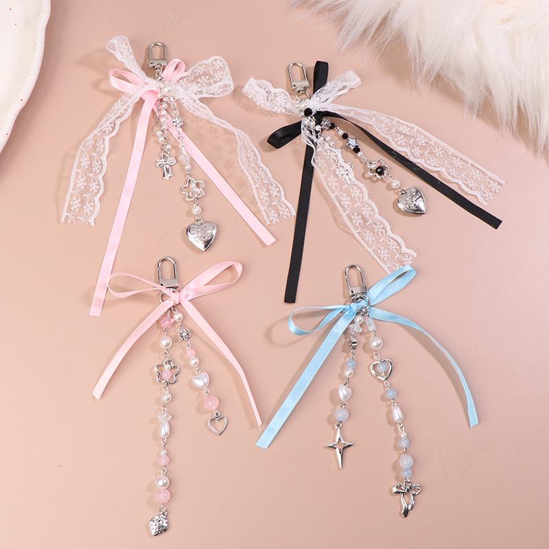 Lace Bowknot Keychain Star Love Bow Strawberry Charm Bag Pendant Keyring Jewelry Bag Decor