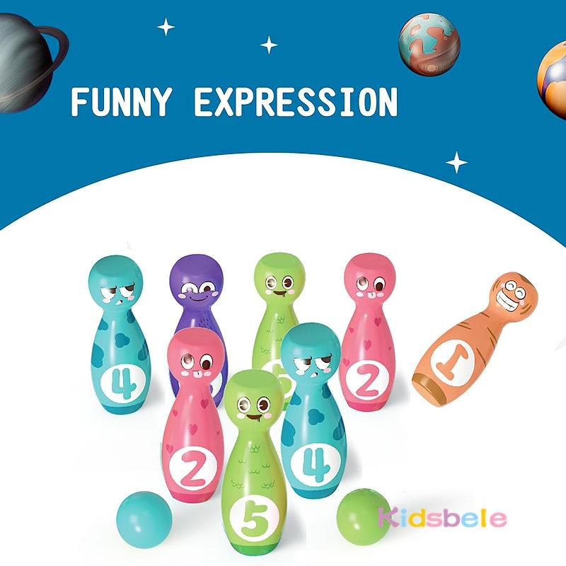 Kids Cartoon Bowling Set Cute Emojis Bowling Pins With 5 Numbers Toddlers Interactive Indoor Sports Toy Family Lawn Yard Game