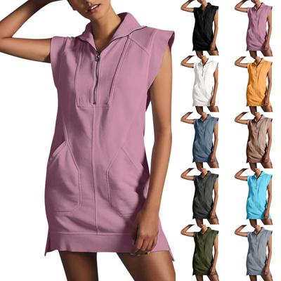 Women's Summer Casual Zipper Vest Dress Irregular Hem With Pockets Short Beach Vacation Tennis Sports Skirt