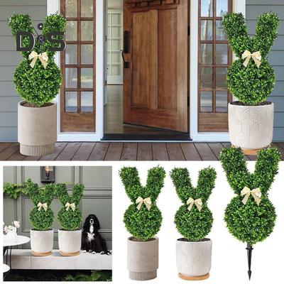 Planta topiária artificial de coelho 55 cm, árvore topiária verde de coelho da Páscoa, plantas artificiais de arbusto com espiga de solo para decoração de quintal, gramado e páscoa