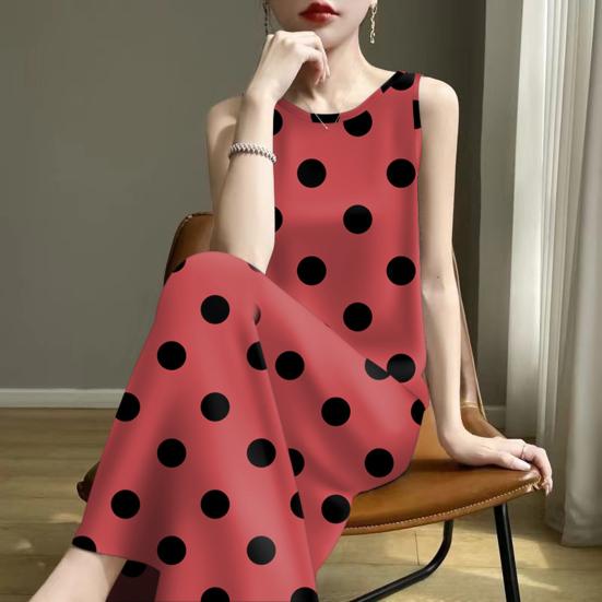 Summer Polka Dots Tank Dress for Women Casual Crew Neck Beach Vacation Sundress Loose Sleeveless Midi Dress