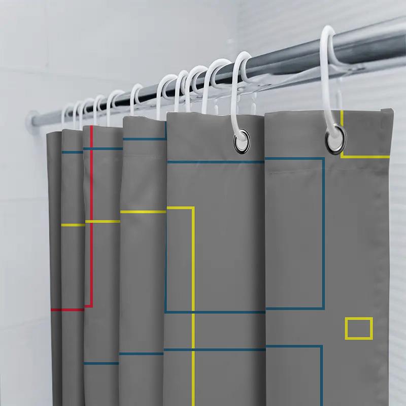 Contemporary Geometric Design Shower Curtain Waterproof Fabric For Bathroom Decor In Gray With Red And Blue Accents (72 X 84 Inc