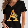 Women’s V-neck Graphic Shirts Orange A-Z Alphabet Sunflowers Short Sleeves  Harajuku Fashion Girl Casual Y2k Trend Tshirts Top