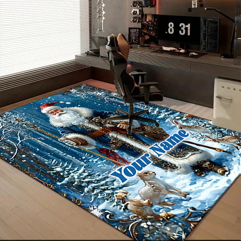 1PC Custom Name Santa Claus In Winter Forest Theme Floor Mat Ideal for Living Room, Game Rooms, Office, Bedroom,Floor Mat Playful Design58
