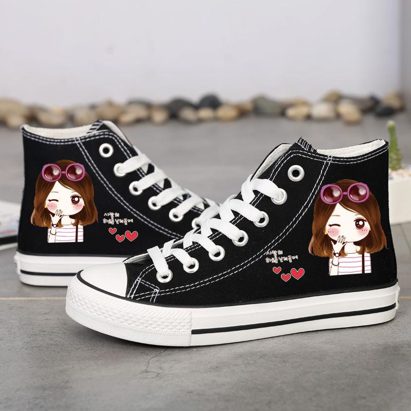 Dámské Boty Jarní Vysoké plátěné Boty Dámské Ploché Ležérní Deskové Boty Studentky Graffiti Boty Korejská verze Wild Cloth Boty Tide